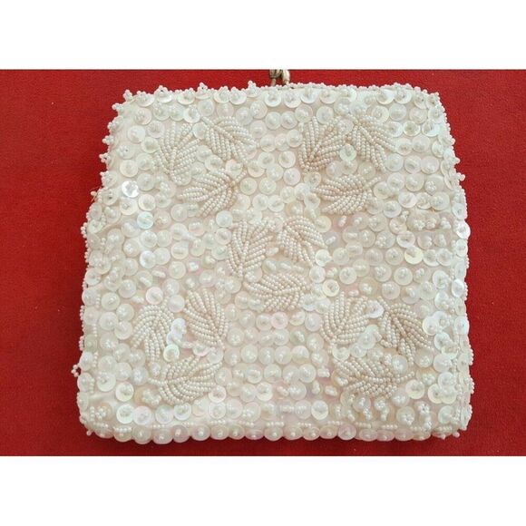 Vintage Pocketbook Ivory Sequin Leaves Gold Chain Shoulder Bag Iridescent Beads - Picture 3 of 5